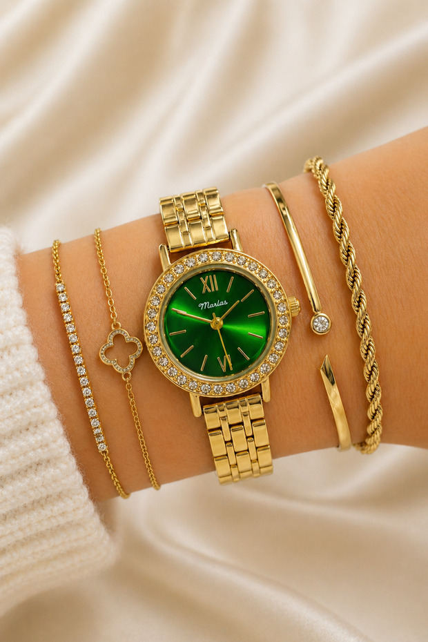 Green Dial Women's Wristwatch, Retro, Rhinestone Gold Color Steel Band Stylish Elegant Watch