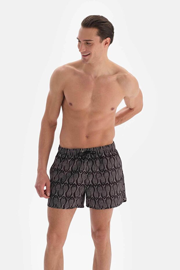 Siyah Balık Desenli Mini Boy Deniz Şortu - 2