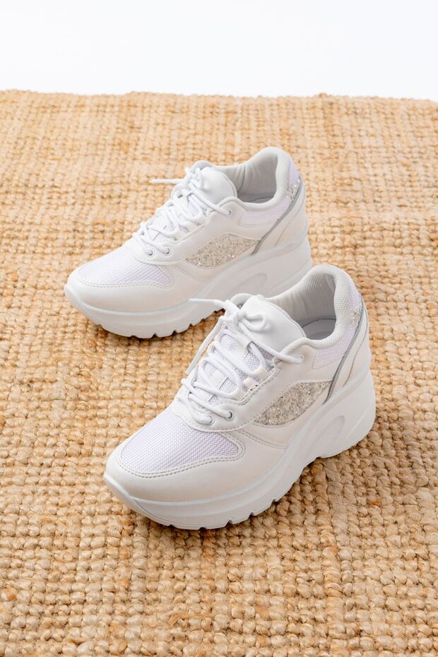 Premium Glitter Wedge Heel Sports Shoes White