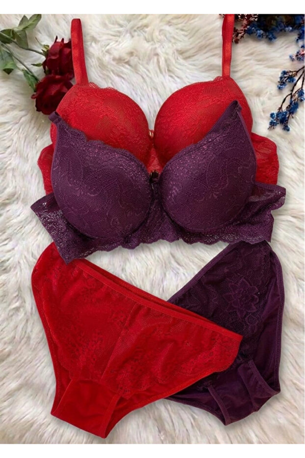 Women's Red and Purple Padded Underwire Lace 2-Piece Bra Set
