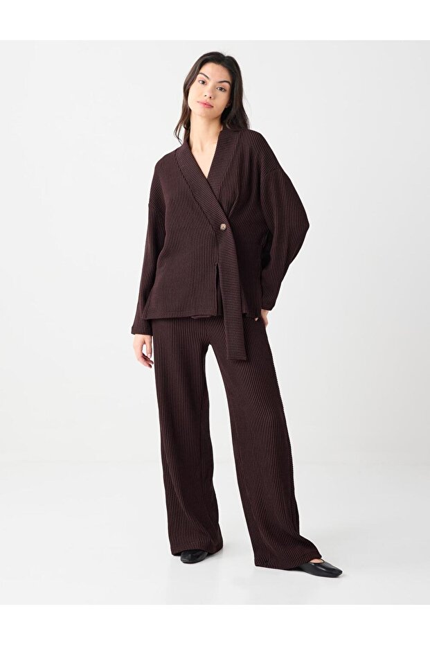 Bitter Brown High Waist Wide Leg Patterned Striped Knitted Pants