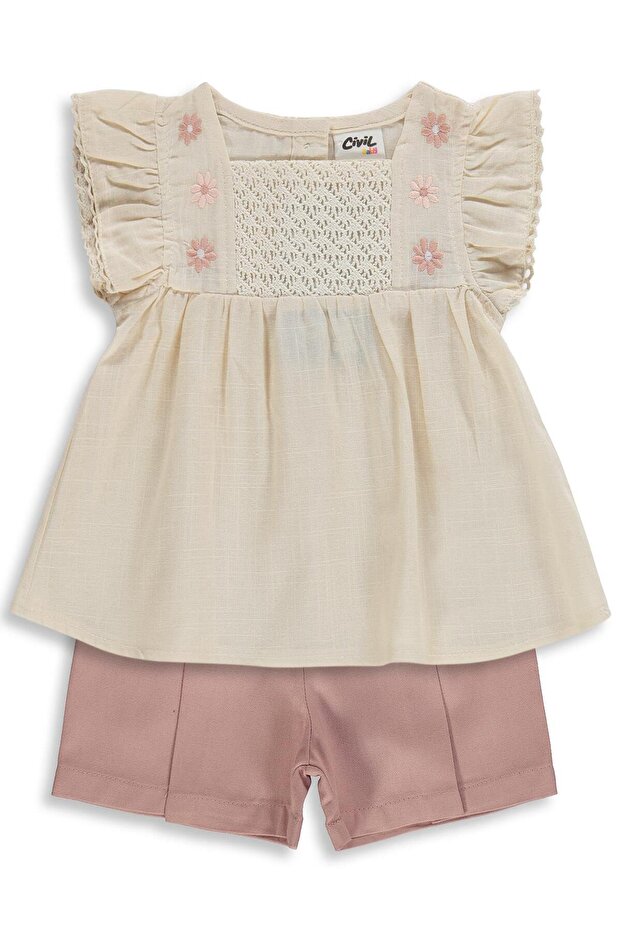 Collar with Floral Embroidery 6-18 Months Set - Beige