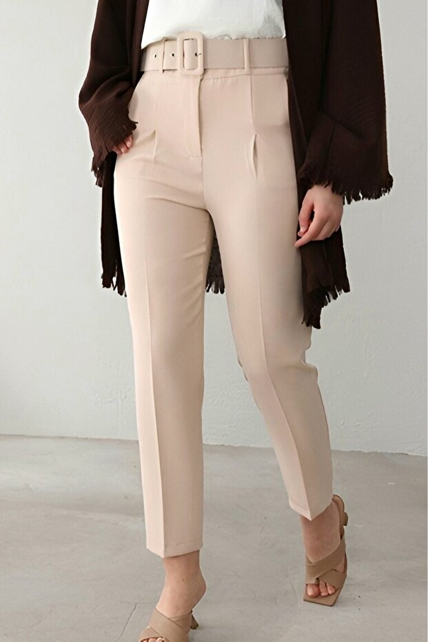 Thick Belted Fabric Trousers -Cream