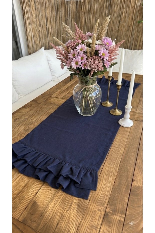 İnci Vintage Velvet Textured Navy Blue Double Layer Ruffled Runner