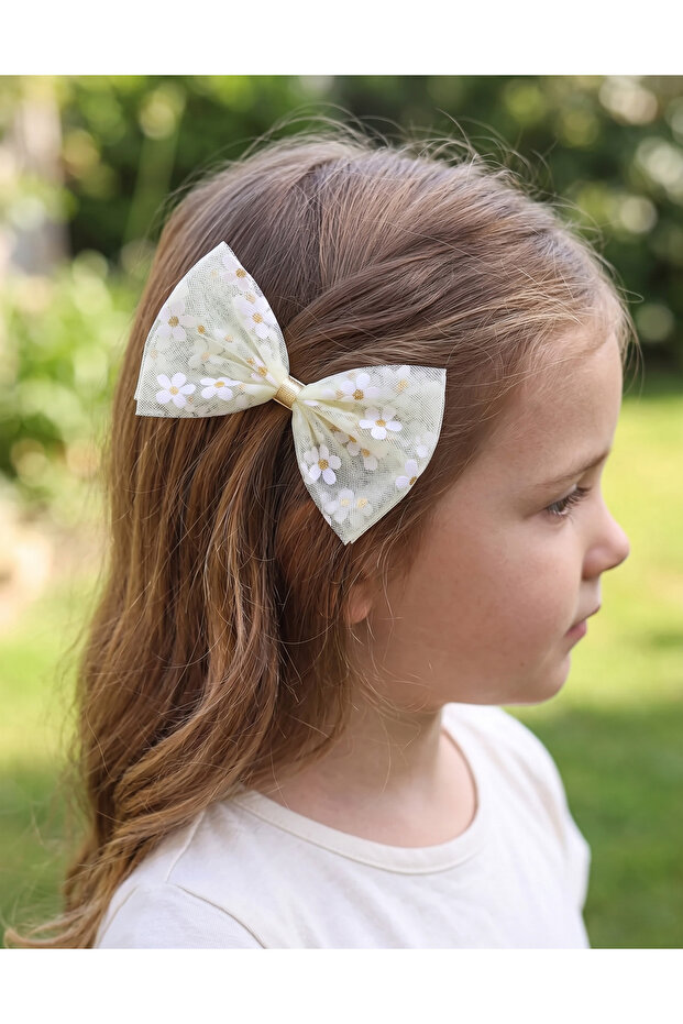 Daisy Patterned Yellow Tulle Ballerina Bow Clip Children's Hair Clip - 1 Piece