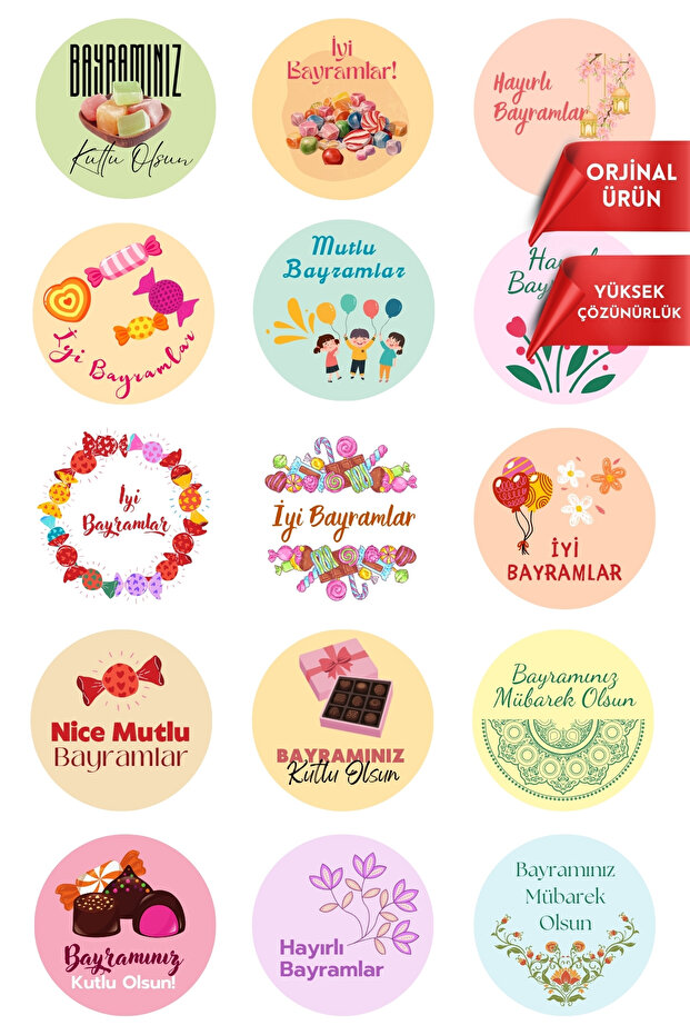 Bimotif 15 farklı İyi Bayramlar sticker, 4cm (Hayırlı Bayramlar, Ramazan Bayramı, Kurban Bayramı) 1 sayfa