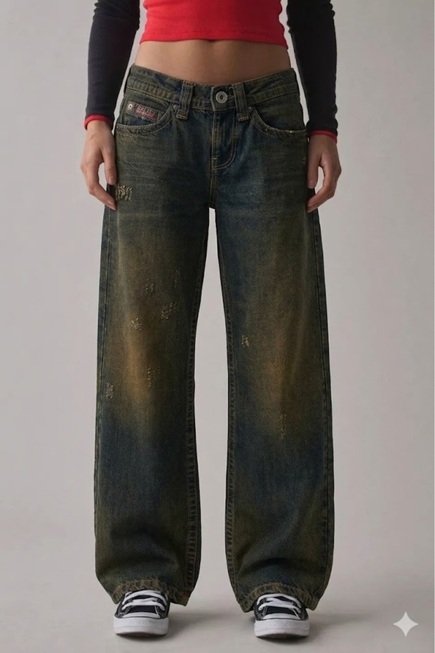 Jasika Dark Vintage Grunge Color Frayed Detailed Low Waist Trousers