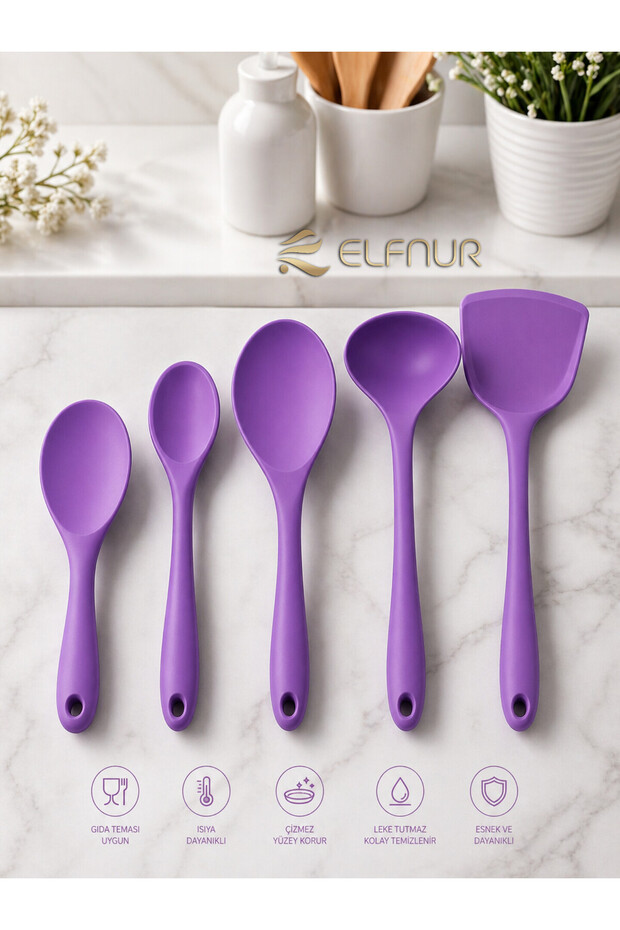 5 Piece Heat Resistant Fireproof Non-Stick Silicone Ladle Spatula Spoon Set (30-28-22-20 cm)