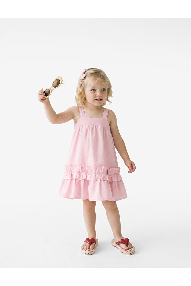 Square Neck Sleeveless Linen and Viscose Blend Ruffle Dress