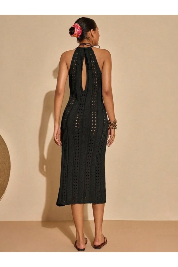 Cotton Openwork Knitwear Dress Women's Summer Backless Midi Beach Dress