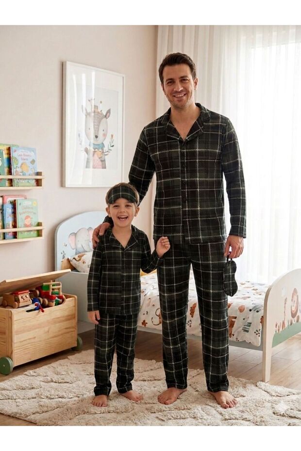 Father-Child Milan Fabric Green Plaid Patterned Shirt Collar Buttoned Sleep Band Pajama Set