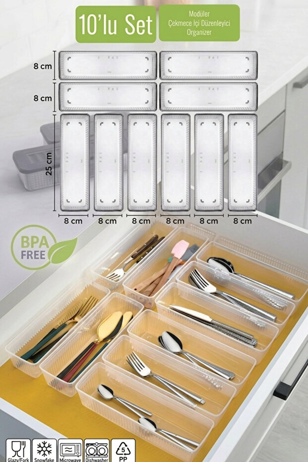Set of 10 Modular Cutlery Set - Kitchen Organizer Drawer Organizer