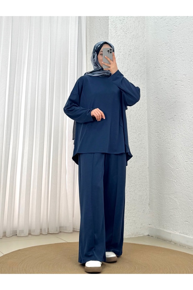Zennur Side-Patched Slit Stitched Trousers Suit-Mf1876 Navy Blue