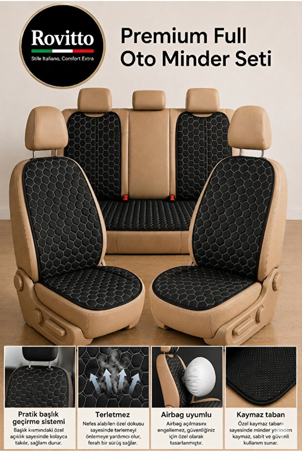 Premium Car Seat Cushion Set - Full Set - Easy Assembly - Non-Slip Base - Black-White