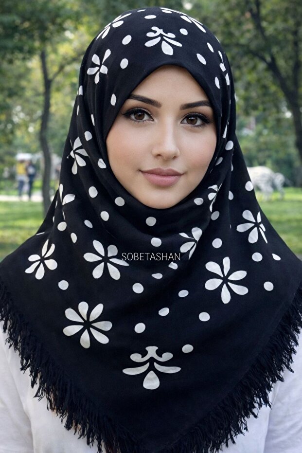 Black Printed Tassel Cotton Scarf for Writing – Casual and Dowry Writing Headscarf
