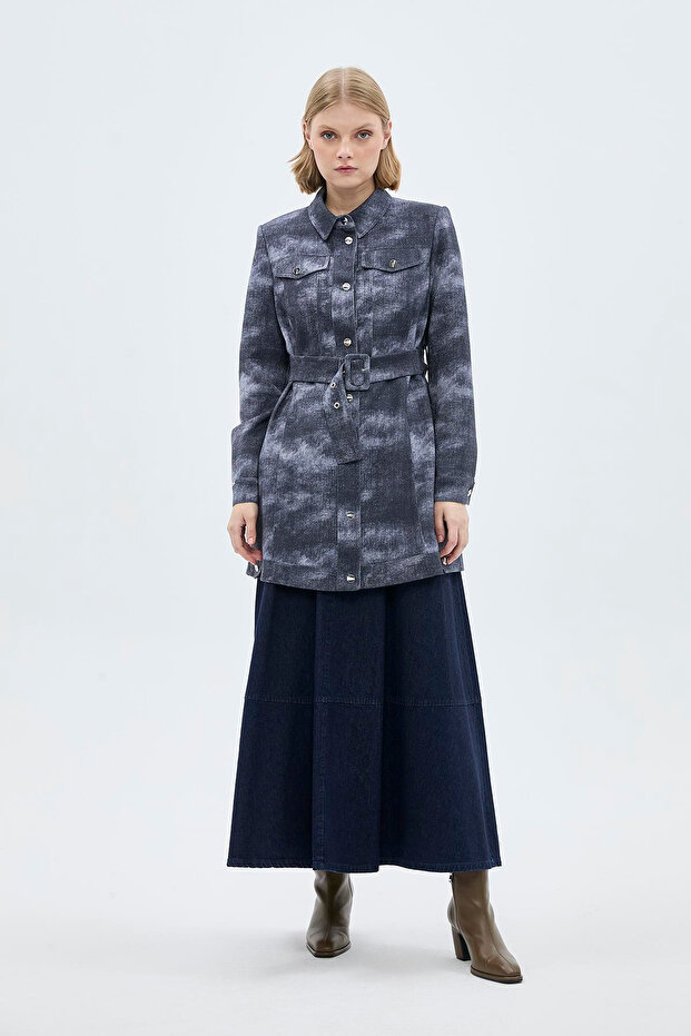 Navy Blue Jacket with Shirt Collar and Belt Detail 0115
