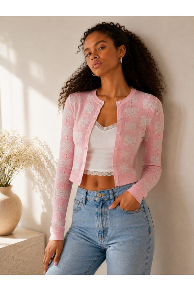 Pink White Bow Jacquard Stitch-Free Cropped Cardigan