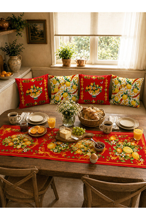 Red Lemon and Orange Patterned Mediterranean Runner and Set of 4 Throw Pillow Covers