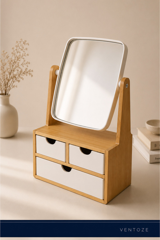 Wooden 3-Drawer Mirrored Makeup Organizer Desktop Jewelry and Cosmetics Organizer Box