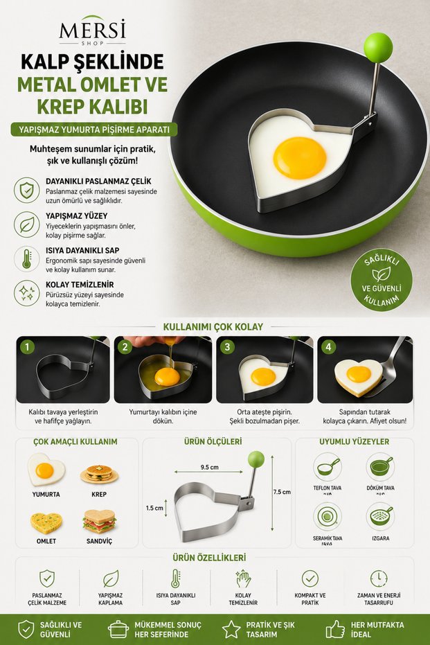 Heart Shaped Metal Omelette and Pancake Mold – Non-Stick Egg Cooking Apparatus