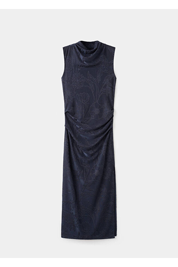 Drape yaka işlemeli elbise - 3