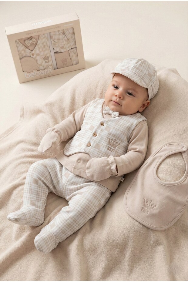 Baby Boy 100% Cotton Plaid Bow Tie 5-Piece Newborn Hospital Release Zibin Set