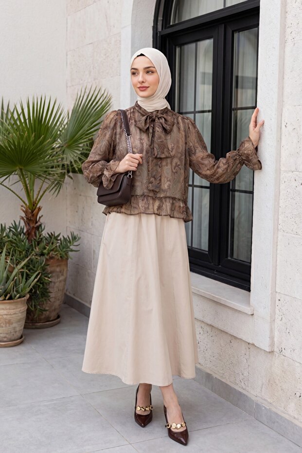 Ethnic Pattern Chiffon Blouse with Tie Collar and Elastic Sleeves -Brown