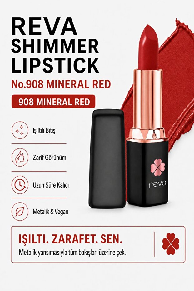 Shimmer Lipstick Mineral Red - Sparkle Lipstick - 4 Gr - No: 908 - Vegan & Clean Content