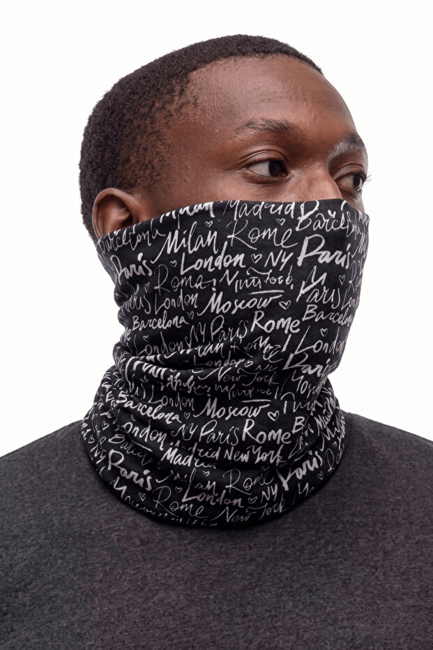 City Buff Multifunctional Seamless City Names Patterned Black & White Neck Gaiter/Bandana/Scarf
