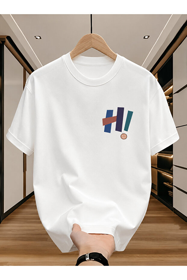 Unisex Cotton White Oversize "Hi" Printed Crew Neck Comfortable T-Shirt