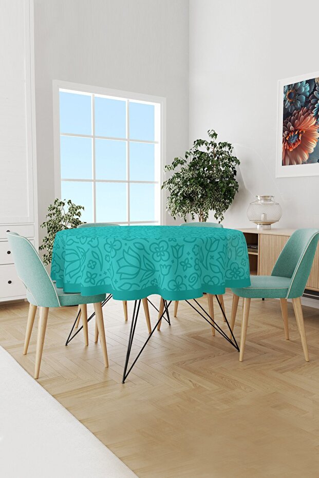 Turquoise Flora Series Patterned Round Suede Carefree Tablecloth
