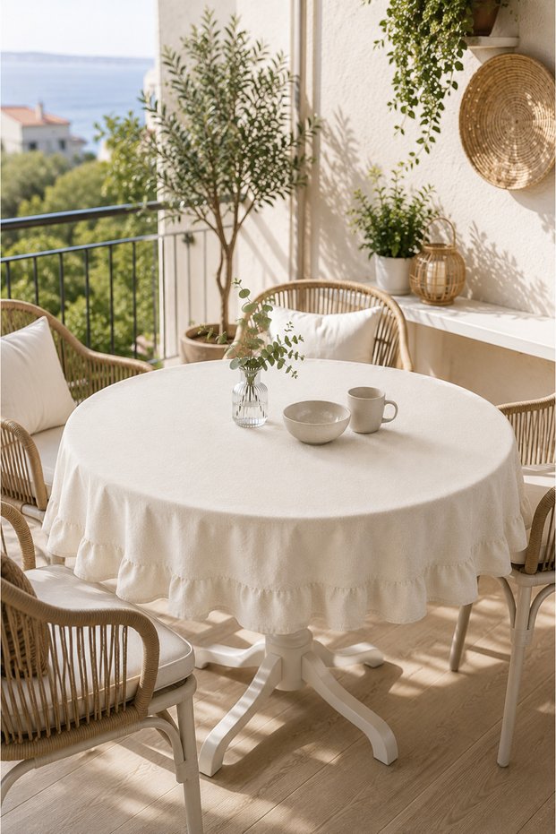 Linen Ruffled Round Tablecloth Country Bohemian Decorative Living Room and Kitchen Cover
