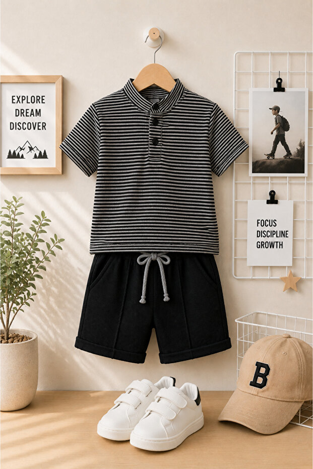Boy's Waffle Fabric Striped Judge Collar Shorts 2-Piece Set