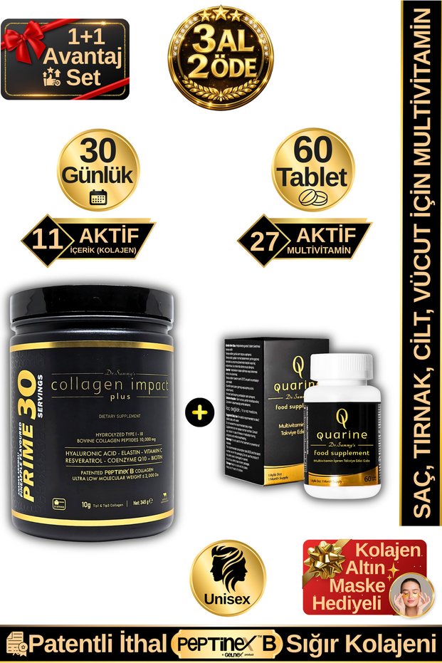 Quarine Hair Vitamin + Prime 30 Collagen Advantage Set (1 Month Hydrolyzed Powder Collagen + Tablet Cure)