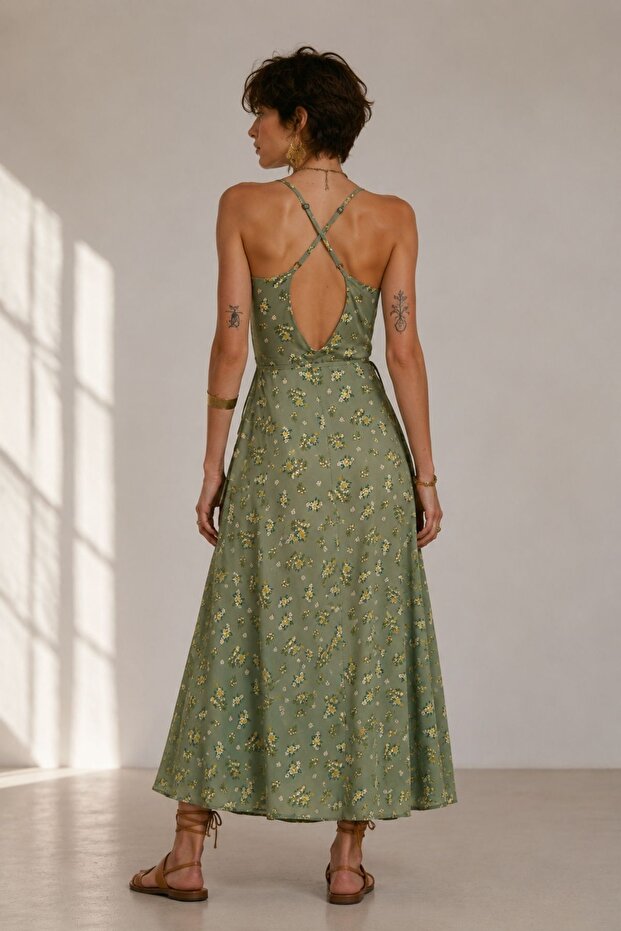 Khaki Color Low-Cut Back Wrap Dress