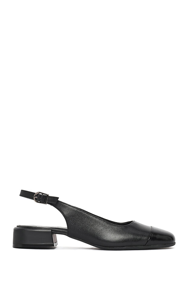 Women's Black Open Back Short Thick Heeled Leather Shoes 26Pfd411418