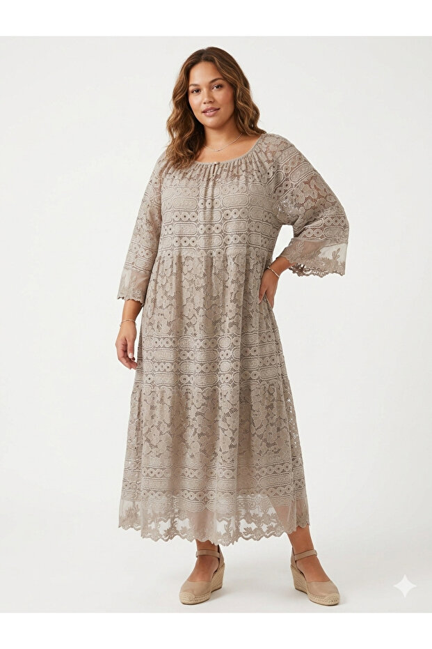 Mink Italian Plus Size Lace Laced Lined Long Dress 42 - 50 Sizes