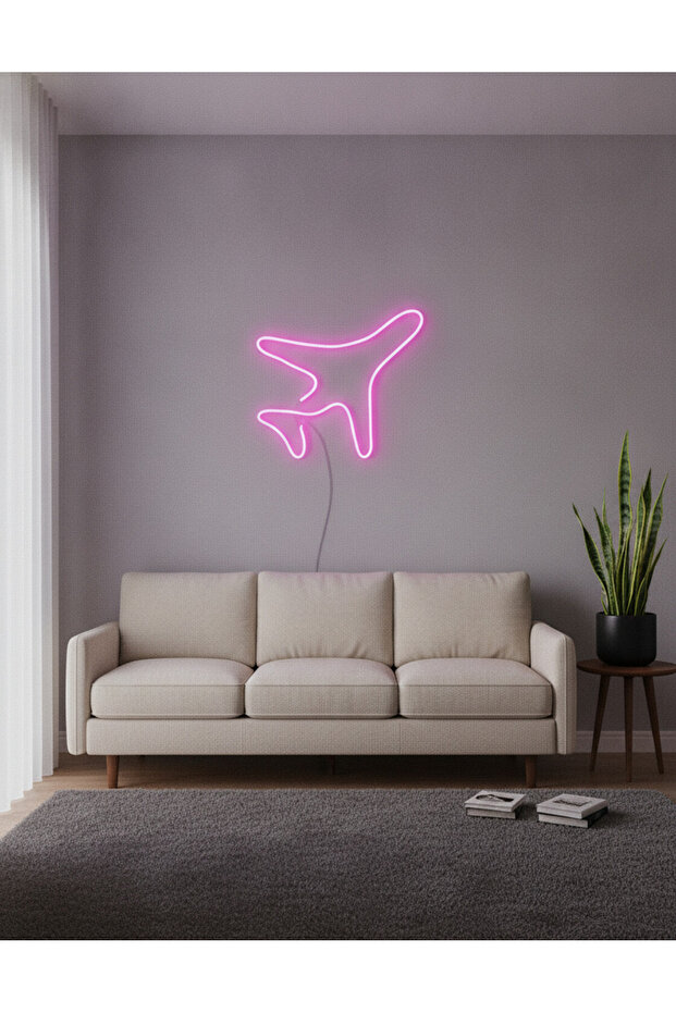 Uçak Figürlü LED Neon Duvar Tablosu | Pembe Aydınlatmalı Modern Dekor | Çocuk Genç Odası - 2