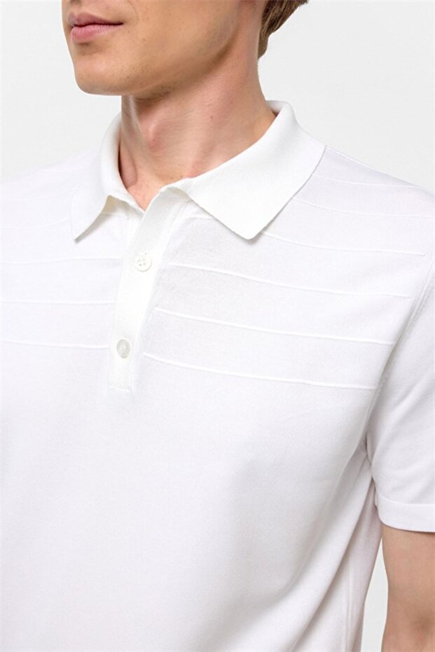 Beyaz Regular Düz Düğmeli Polo Yaka Kazak - 5