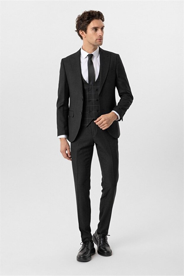 Cavalry Slim Fit 6 Drop Patterned Combination Black Suit - 2