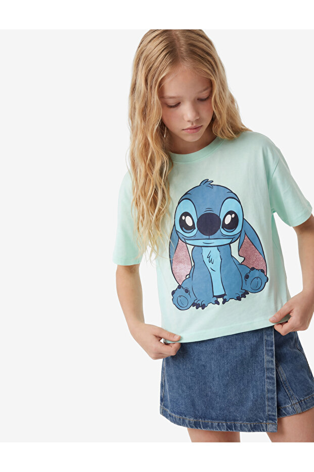 Licensed Stitch Printed Glittery Crew Neck Short Sleeve Cotton T-Shirt