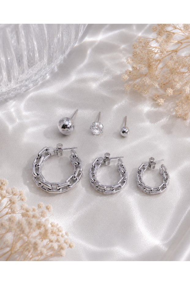 Minimal Chain Hoop Earrings & Ball Earrings Set – 3 Size Combination Set (Silver Color)