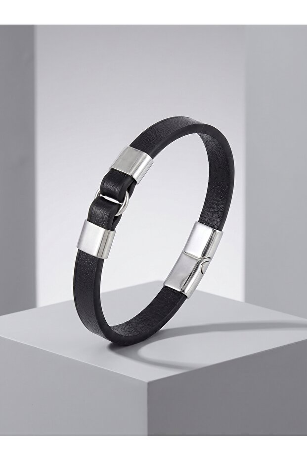 Leather Cord White Steel Detailed Men's Gift Bracelet 01848
