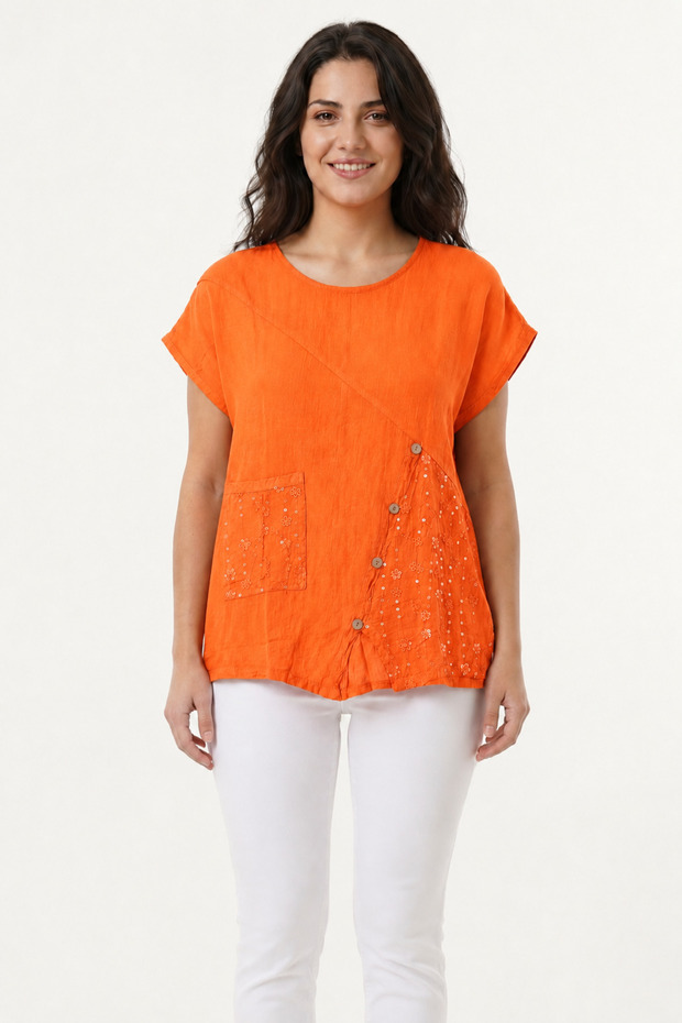 100% Organic Cotton Women's Asymmetrical Front Blouse with Sequin Detail