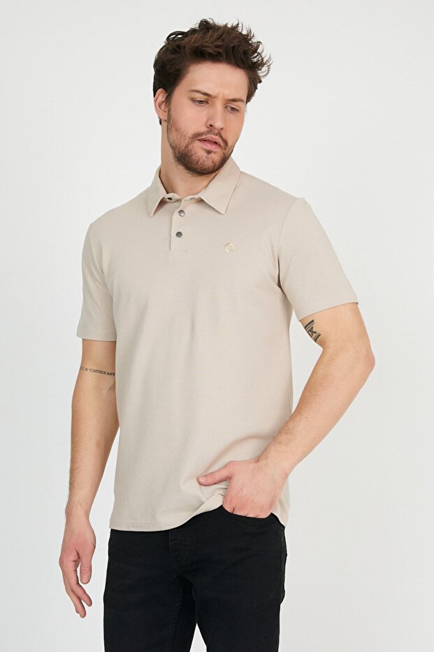 Ανδρικό μπλουζάκι Basic Polo Neck Solid Comfort Beige - 1