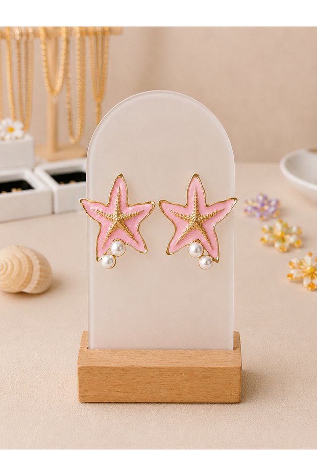 Sea Breeze Collection |   Pinterest Style Starfish Figured Pearl Detailed Gold Women's Earrings