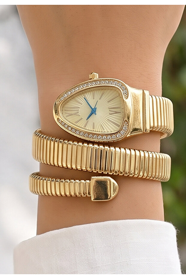 Gold Color White Dial Snake Watch, Wrap Around Watch, Women's Wristwatch