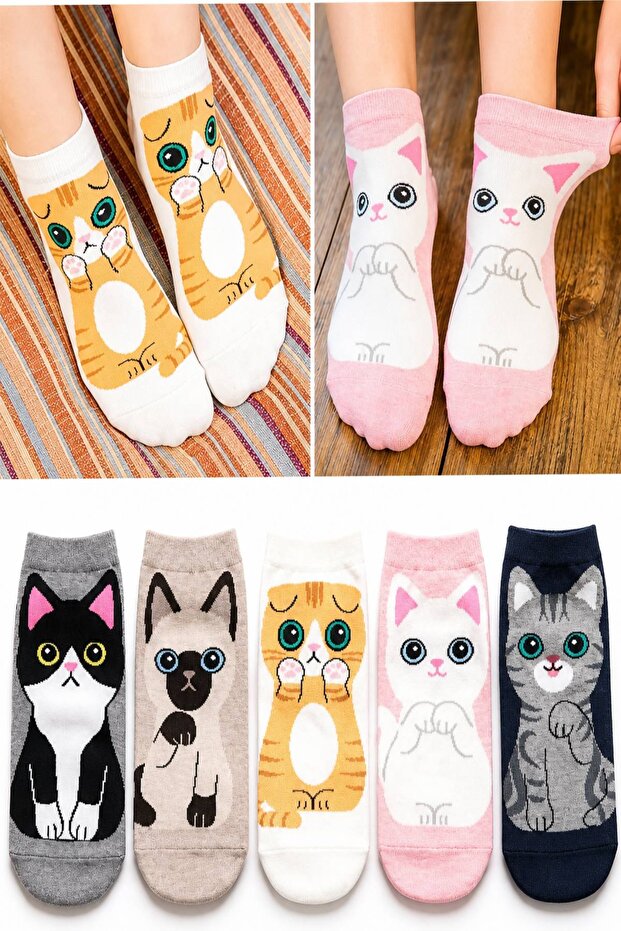 Pack of 5 Cat Patterned High Quality Colorful Booties Ankle Socks