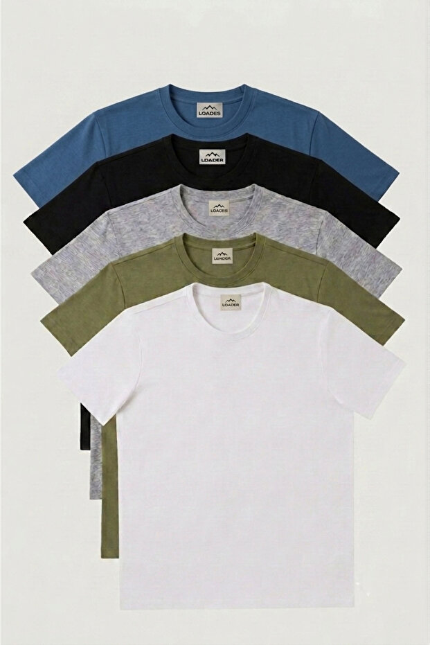 Men's White-Indigo-Black-Khaki-Gray Melange Slim Fit Crew Neck 100% Cotton 5-Piece T-Shirt Pack 2. Visual Size Chart Is as Shown.