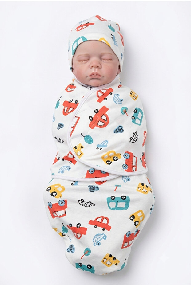 Baby Swaddle - Velcro Swaddle Beanie Set - Combed Cotton 100% Cotton Beanie Set